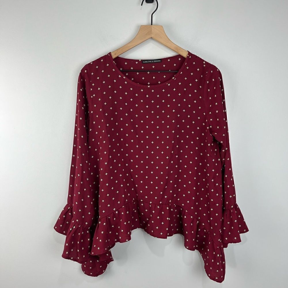 Harlowe and Graham Maroon Printer Ruffle Hem Blouse M